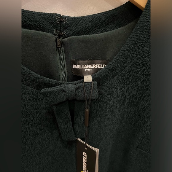 NWT Karl Lagerfeld Paris Dark Green Ruffle Sleeve Bow Dress - Picture 6 of 9